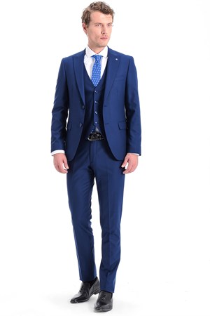 Morven Erkek Saks Mavisi Dubai Slim Fit Dar Kesim Jakarlı Yelekli 6 Drop Takım Elbise